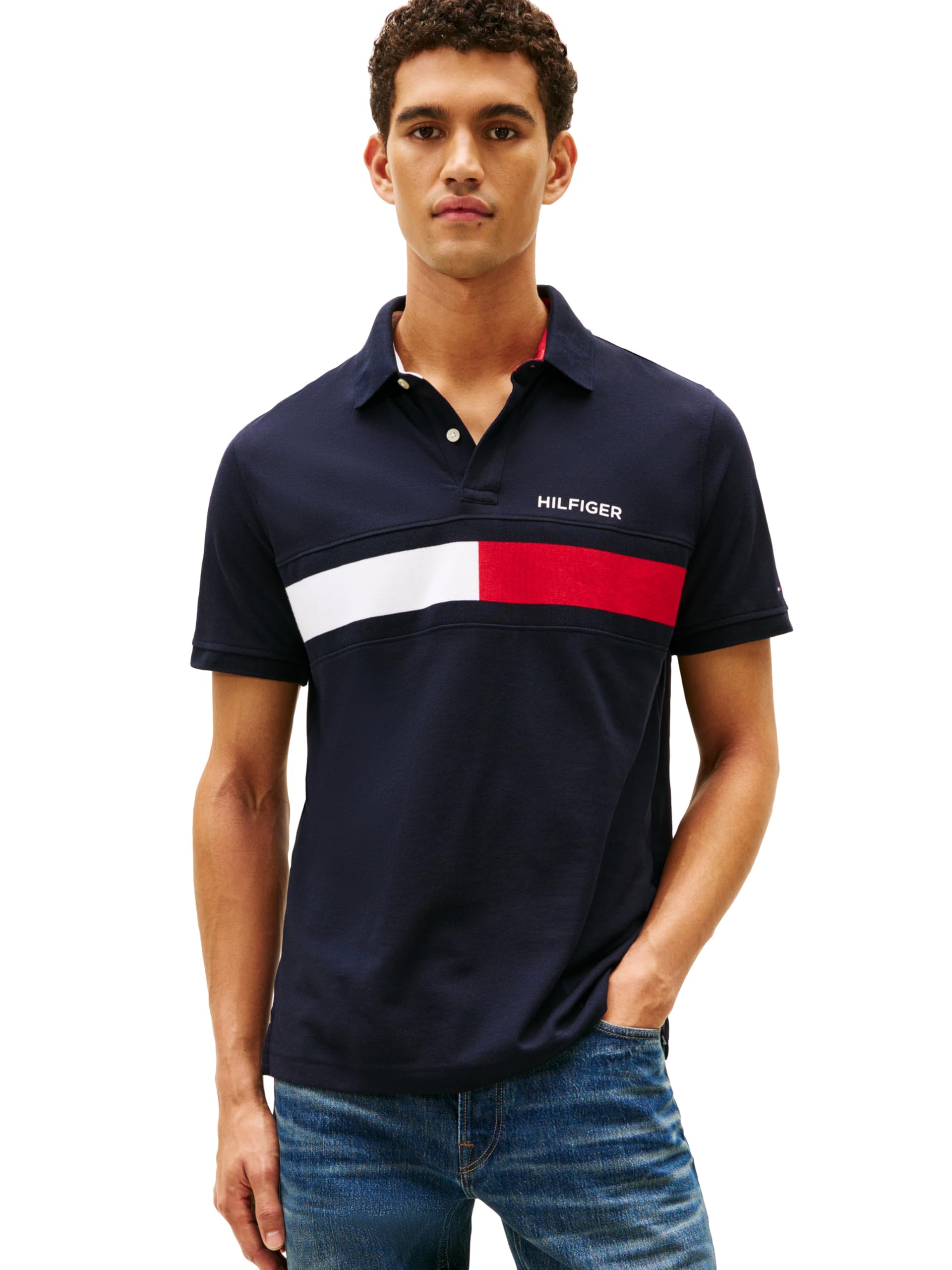 Tommy Hilfiger Men's Short Sleeve Cotton Pique Flag Polo in Regular Fit, Desert Sky, Small Image