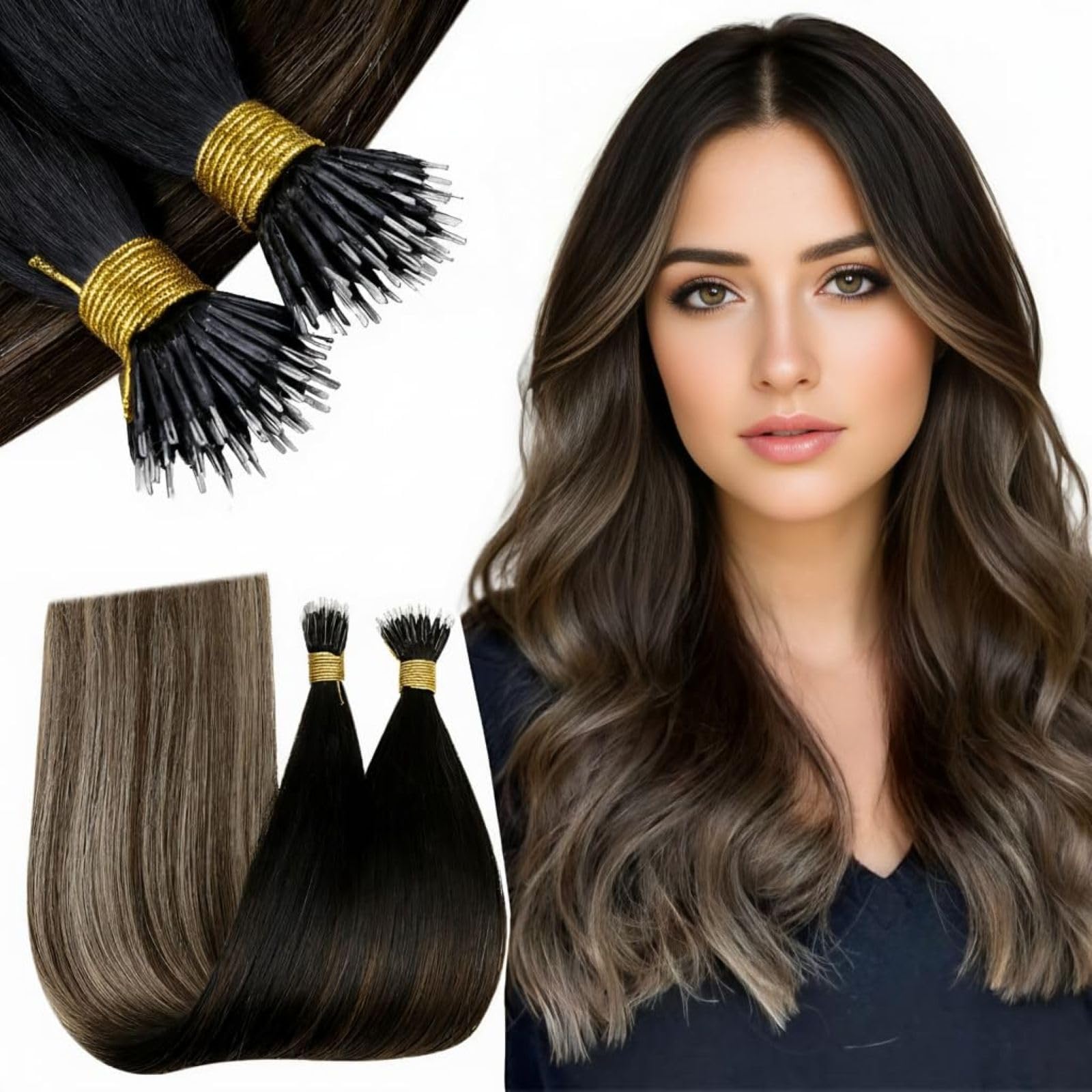 RUNATURE Nano Hair Extensions Real Human Hair 20 Inch Nano Beads Hair Extensions Human Hair Brown Ombre Blonde Remy Straight Invisible Nano Hair 50s 50g #1b/4/27