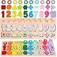 LovesTown Wooden Number Puzzle, Shape Sorting Stacking Counting Game Montessori Toys for Kids Preschool Learning Toys for Boys Girls Birthday Gifts