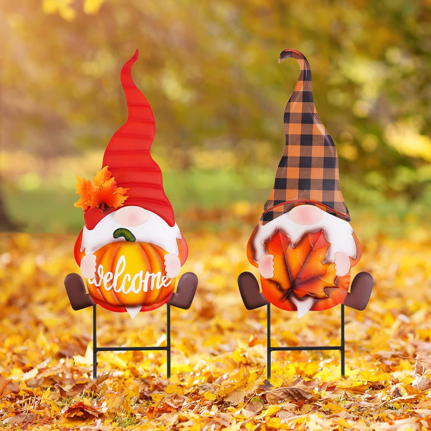 Decorative Garden Stakes - Whaline 2 Pack Thanksgiving Gnomes Garden Stakes 3D Gnome Pumpkin Maple Leaf Yard Stake Large Rustic Fall Lawn Sign for Autumn Fall Home Garden Yard Lawn Patio Backyard Walkway Decorations