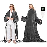 SIHOHAN Electric Heated Blanket - Wearable Heating Blanket Throw with Foot Pockets & Sleeves Flannel & Sherpa Wearable Blanket 6 Heating Levels&Timer Snuggle Blankets for Home/Office