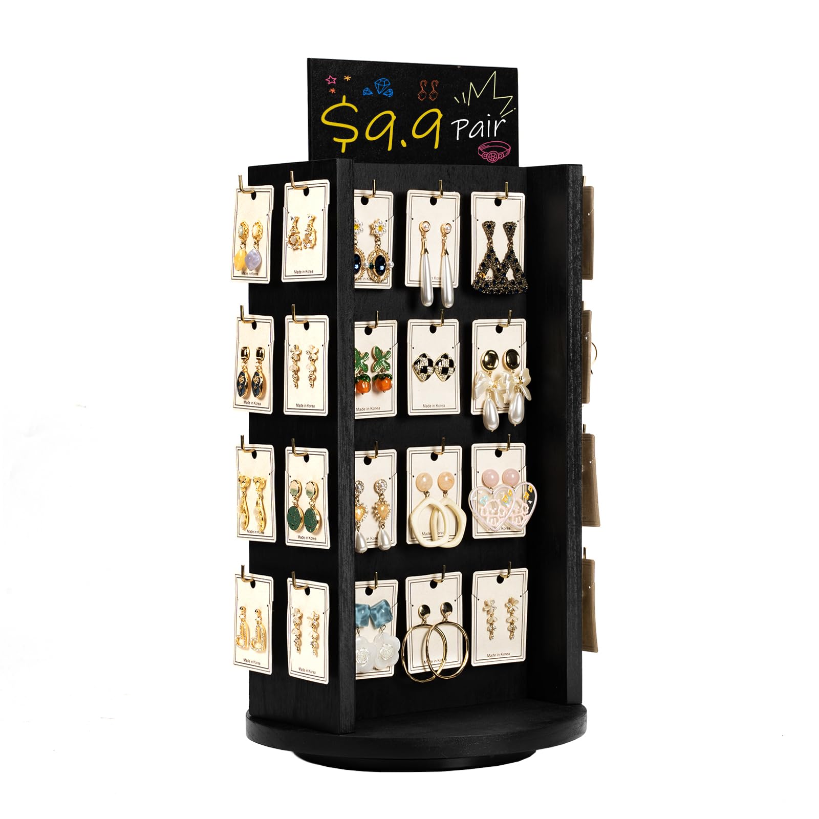 Pinzoveco Pinzoveco Rotating Earring Display Stands for Selling with Adversitsing Board, Real Wood Jewelry Display Stand for Vendors, Large Capacity Earring Cards for Selling Rack Holder (Weathered Black)