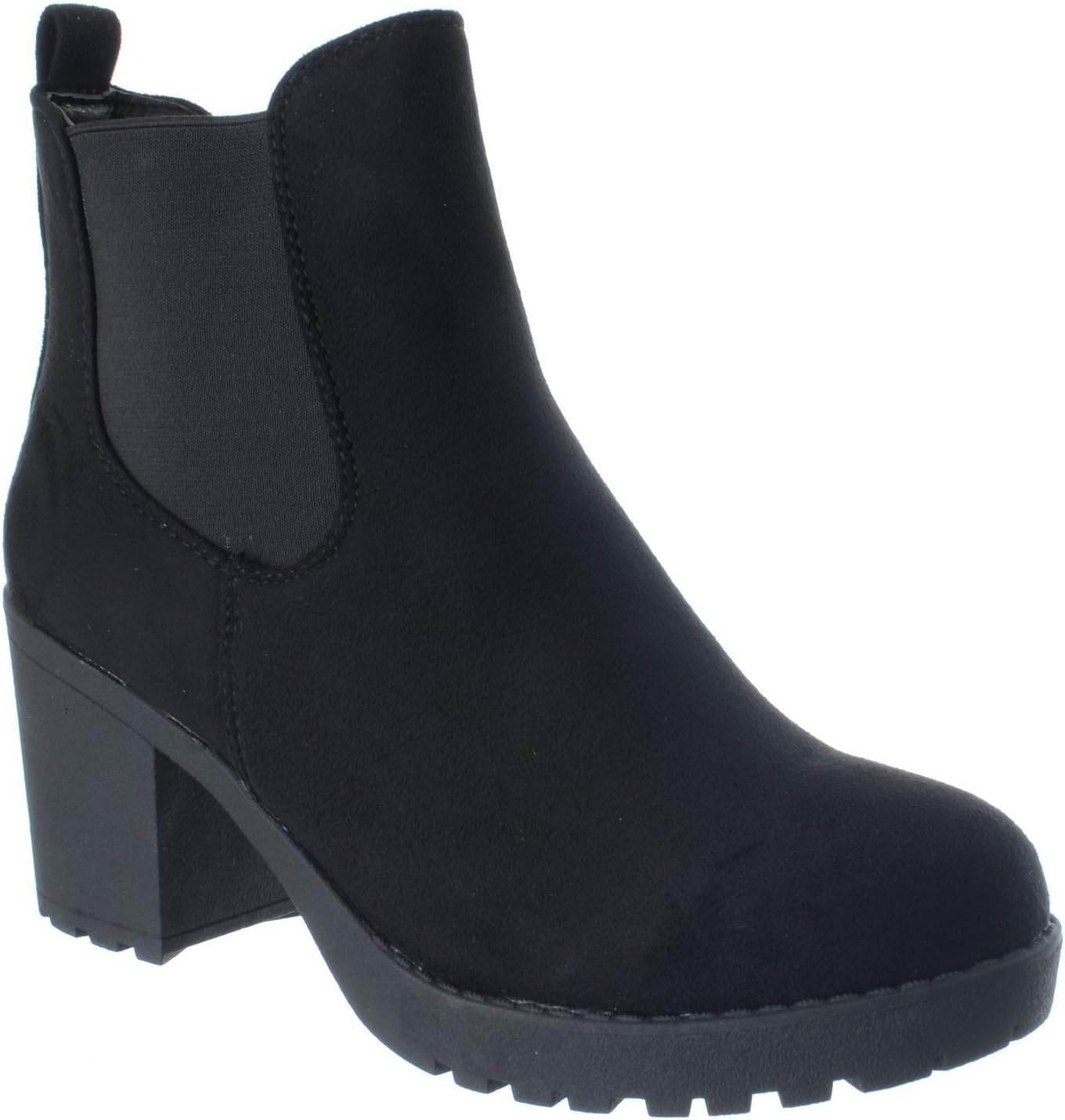 WOMENS LADIES CHUNKY MID HIGH BLOCK HEEL PLATFORM CHELSEA ANKLE BOOTS SHOES SIZE [Black Faux Suede UK 5 / EU 38 / US 7]