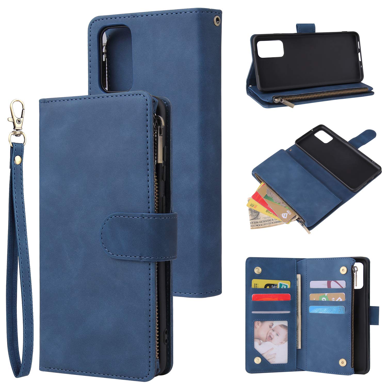 UEEBAI Wallet Case for Samsung Galaxy S20 Ultra, Premium Vintage PU Leather Magnetic Closure Handbag Zipper Pocket Case Kickstand Card Holder Slots with Wrist Strap TPU Shockproof Flip Cover - Blue — image 1