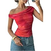 OYOANGLE Women's Floral Tie Dye Off The Shoulder Mesh Summer Vacation T Shirt Ruched Cap Sleeve Y2K Going Out Top