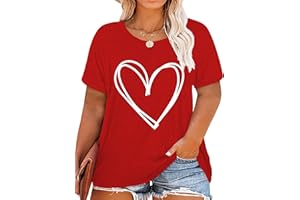 QAUN Plus Size Valentine's Day Shirts for Women Heart Print Graphic Tees Teacher Valentine Shirt Casual Tops