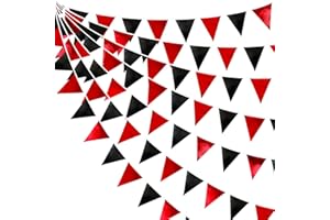 PINKBLUME Red Black Party Decoration Metallic Fabric Triangle Pennant Banner Flag Bunting Garland for Graduation Halloween Birthday Wedding Bachelorette Anniversary Las Vegas Casino Poker Pirate Party Supplies