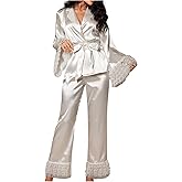 Verdusa Womens Silk Pajamas Set 2 Piece Lace Satin Pjs Ruffle Long Sleeve Belted Top and Pants