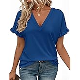 Valiamcep T Shirts Short Ruffle Sleeve V Neck Tees Womens Tops Beach Vacation 2026 Casual Summer Spring Outfits