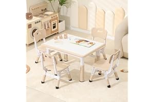 Hulaibit Toddler Table and Chairs, Kids Table and 4 Chairs Set with Graffiti Desktop, Height-Adjustable Kids Study Table for Boys and Girls Aged 3-8, Max 300lbs