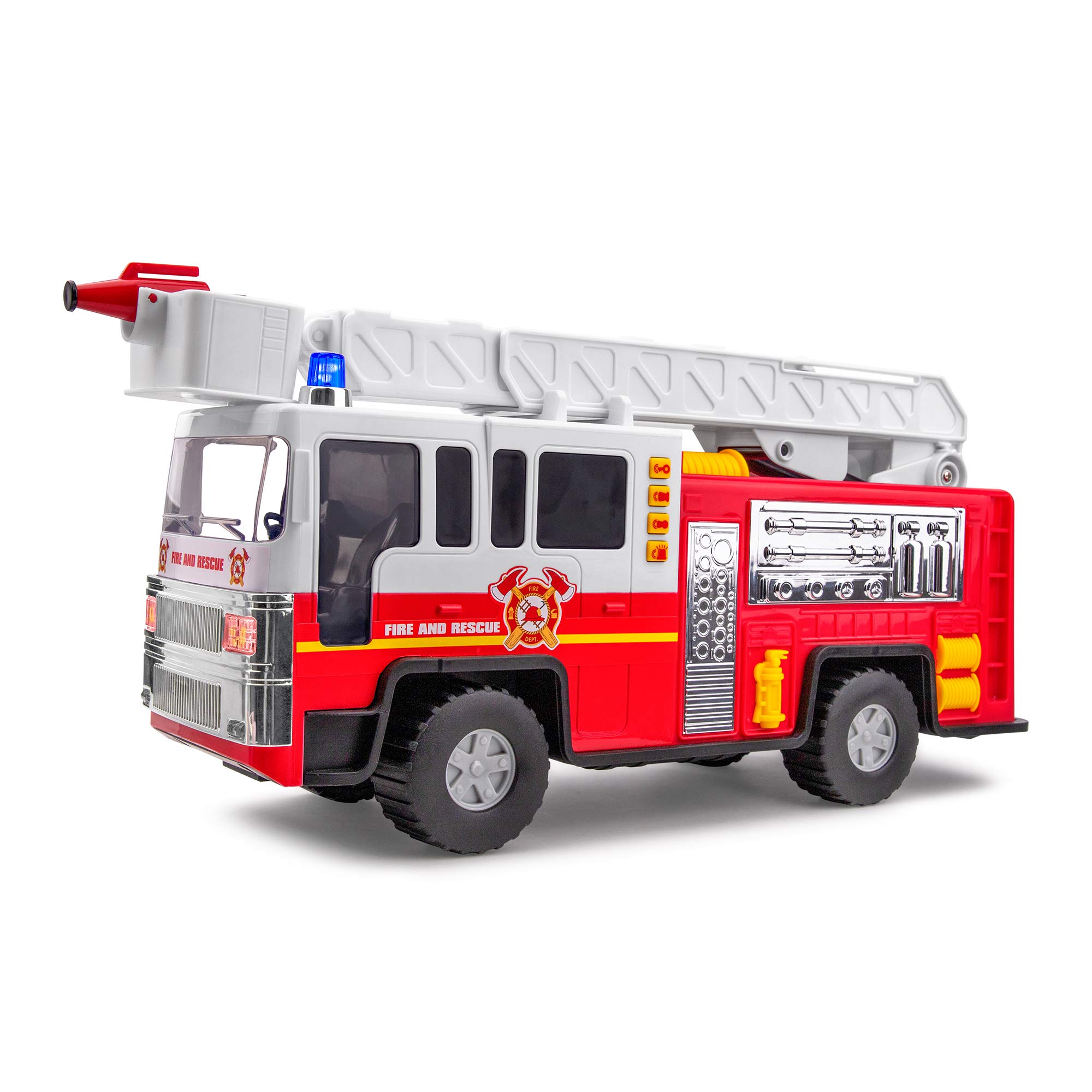 Playkidiz Fire Truck Toy for Kids with Lights and Siren Sounds - 38 cm Classic Red & White Fire Engine Rolling Emergency Vehicle - Interactive Play Movable Ladder, Early Learning Fun For Boys & Girls
