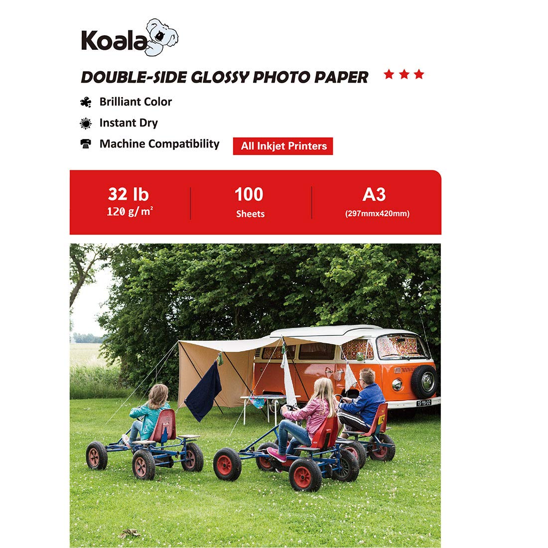 KOALA Double Sided Glossy Inkjet Photo Paper A3, 120gsm, 100 Sheets for Inkjet Printers. Suitable for Printing Photos, Brochures, Covers, Certificates, Booklets, Flyers, Leaflets, Cards, Calendars