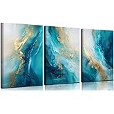 Teal Gold Canvas Wall Art Set of 3 Abstract Aqua Blue Gold Marble Fluid Wall Decor Pictures Neutral Modern Minimalist Posters Prints for Living Room Bedroom Home Decoration 16x24in