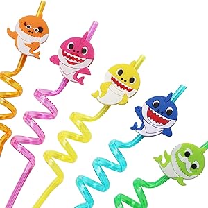 ALBABE Shark Party Supplies , Drinking Plastic 25PCS Straws Reusable , Kids Shark Birthday favors ,2PCS cleaning brush