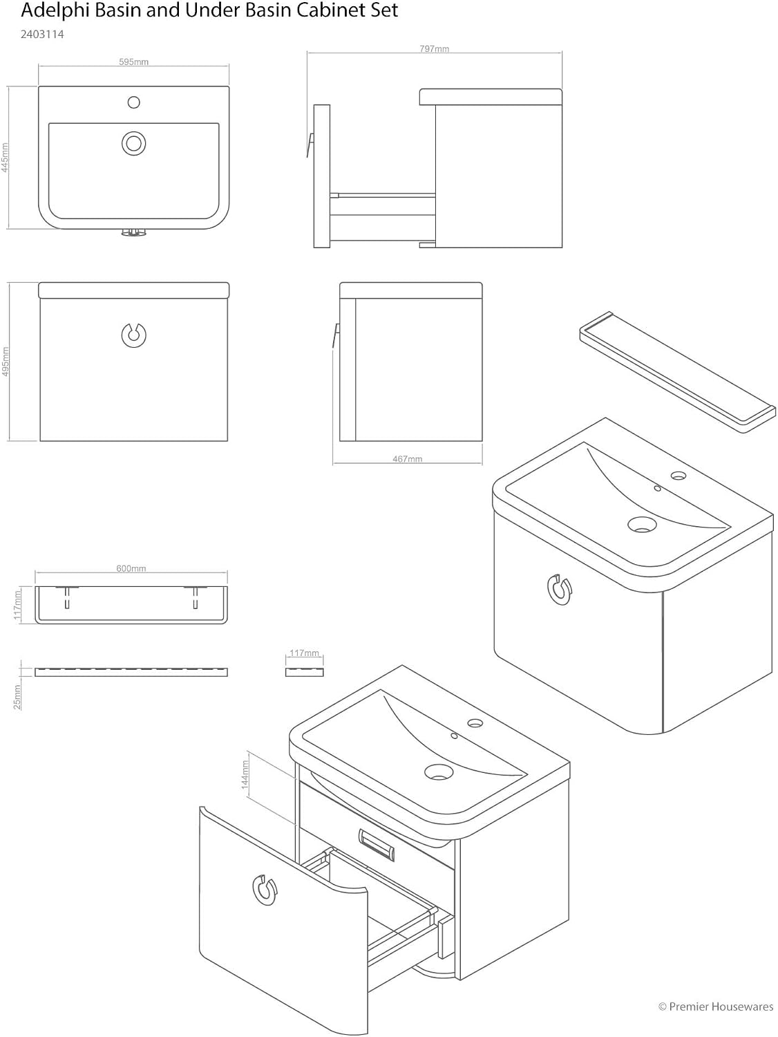 Premier Housewares Adelphi Basin and Under Cabinet Set, Ceramic/MDF, White, 48 x 60 x 97 cm - Image 5