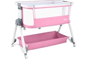 JMMD Baby Bassinet Bedside Sleeper, 3 in1 Baby Bassinet with 6 Levels Height Adjustable Side Sleeper Foldable and Portable Bedside Sleeper for Baby (Pink)