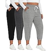 Ficerd 3 Pack Women's Plus Size Capri Sweatpants Cotton Spandex Drawstring Joggers Cropped Athletic Lounge Pants with Pockets(Black, Light Grey, Dark Grey,XXL)
