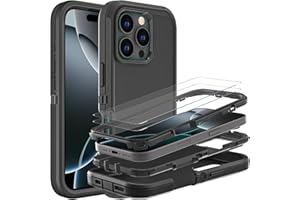 YKHJKLEC for iPhone 16 Pro Case, Military Grade 3 in 1 Heavy Duty Shockproof/Drop Proof/Dust Proof Case with 2Pcs Tempered Glass Screen Protector (Black/Black)