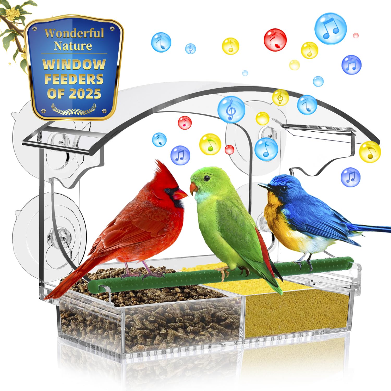 Photo 1 of **missing a suction cup**Clear Acrylic Window Bird Feeder with Strong Suction Cups, Window Mount, Removable Tray,a nd Perch - Perfect for Bird Watching, Easy to Clean, Weatherproof - Attracts Various Colorful Birds