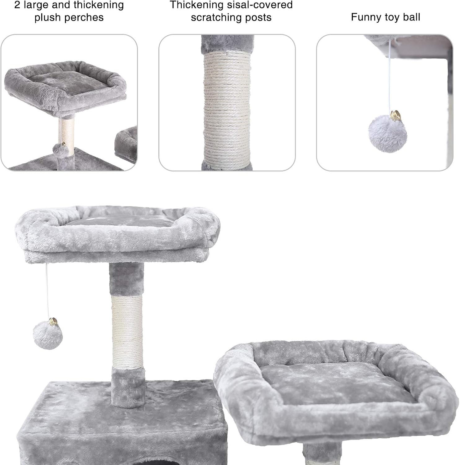 Hey-brother Large Multi-Level Cat Tree Condo Furniture with Sisal-Covered Scratching Posts, 2 Bigger Plush Condos, Perch Hammock for Kittens, Cats and Pets Light Gray MPJ020W : Pet Supplies