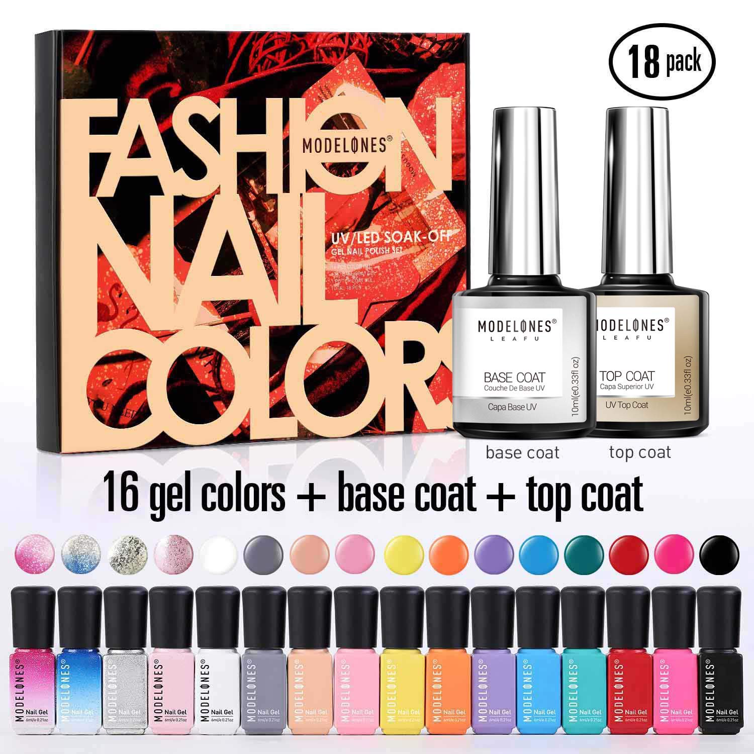 Modelones Gel Nail Polish Set - 16 Color Gel Nail Polish 6ml Mini Size with 10ml No Wipe Base and Top Coat,18 PCS Soak Off Gel Nail Varnish Starter Manicure Kit