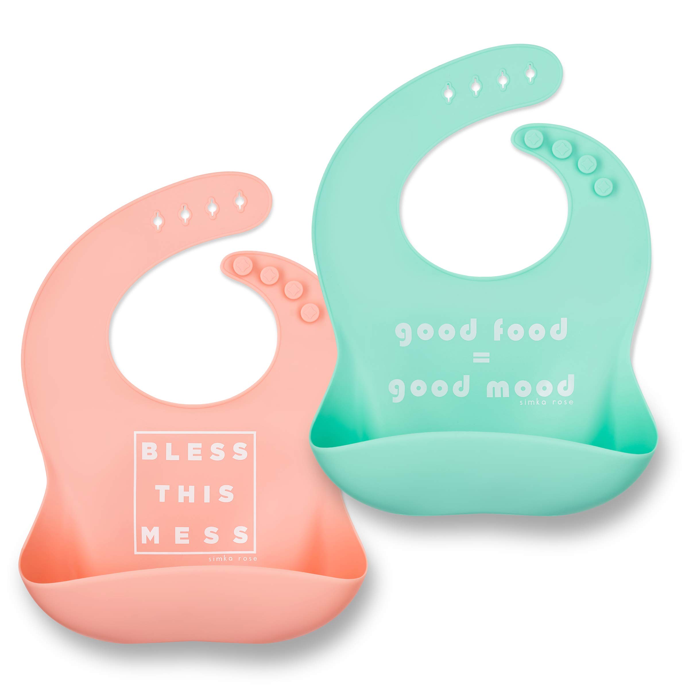 Simka Rose Silicone Baby Bibs with Food Catcher - Adjustable Soft Catch All Bib for Boys & Girls - High Chair Dining Table