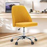Sweetcrispy Armless Vanity Chair with Wheels, Home Office Desk Chair | Height Adjustable, Modern Upholstered, Comfy Task Computer Seat, Bedroom Study, Cute, Yellow