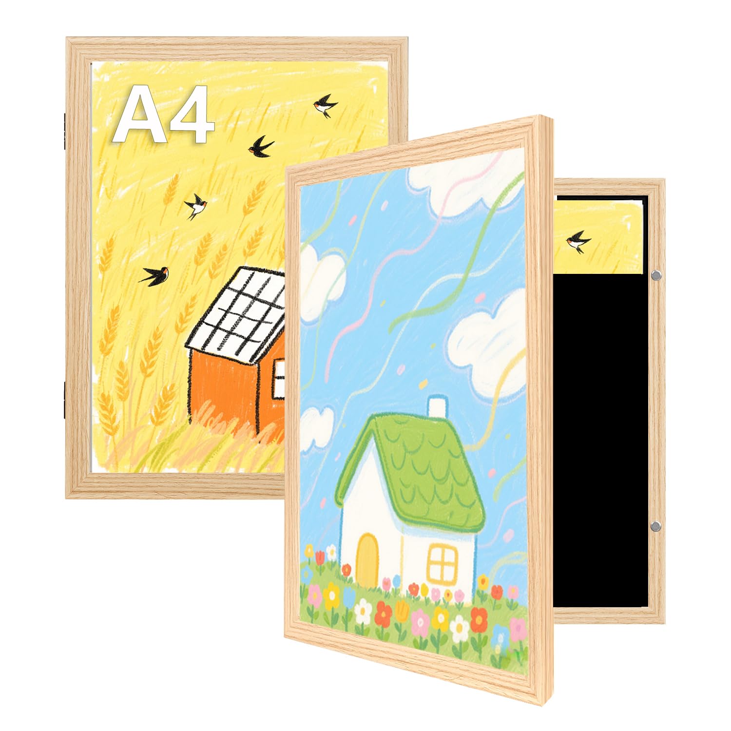 Photo 1 of kennethan Kids Art Frames, Front Opening Picture Frames with Changeable Display, Holds 50 Artworks, for 3D Picture, Crafts, Children Drawing, Hanging Art, Portfolio (Oak, A4-2 Pack)