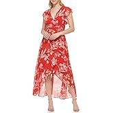 Jessica Howard Womens Wrap Floral Hi-lo Maxi Dress – Flutter Sleeve Printed Chiffon Gown