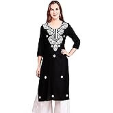 ladyline Womens Plain Rayon Slub Chikankari Tunic Top Kurti Embroidered Knee Length Kurta