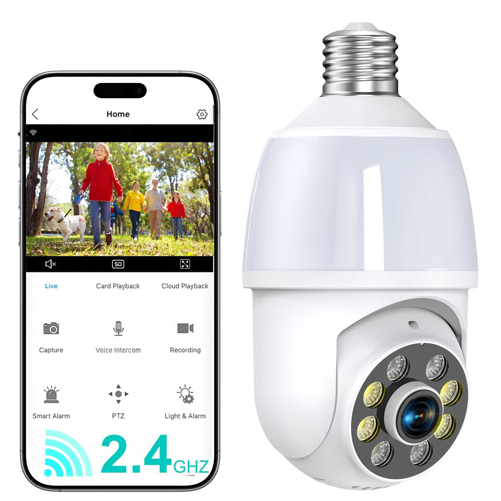 Photo 1 of 52HZ 2K Light Bulb Security Camera, 2.4GHZ WiFi Lightbulb Security Cameras Wireless Outdoor Indoor, Two-Way Talk, Human Detection, Color Night Vision, Light Socket Security Camera Work with Alexa