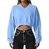 Remidoo Women's Cropped Sweatshirt V Neck Long Sleeve Crop Top Sweater Pullover Loose Fit Shirt Blue X-Large