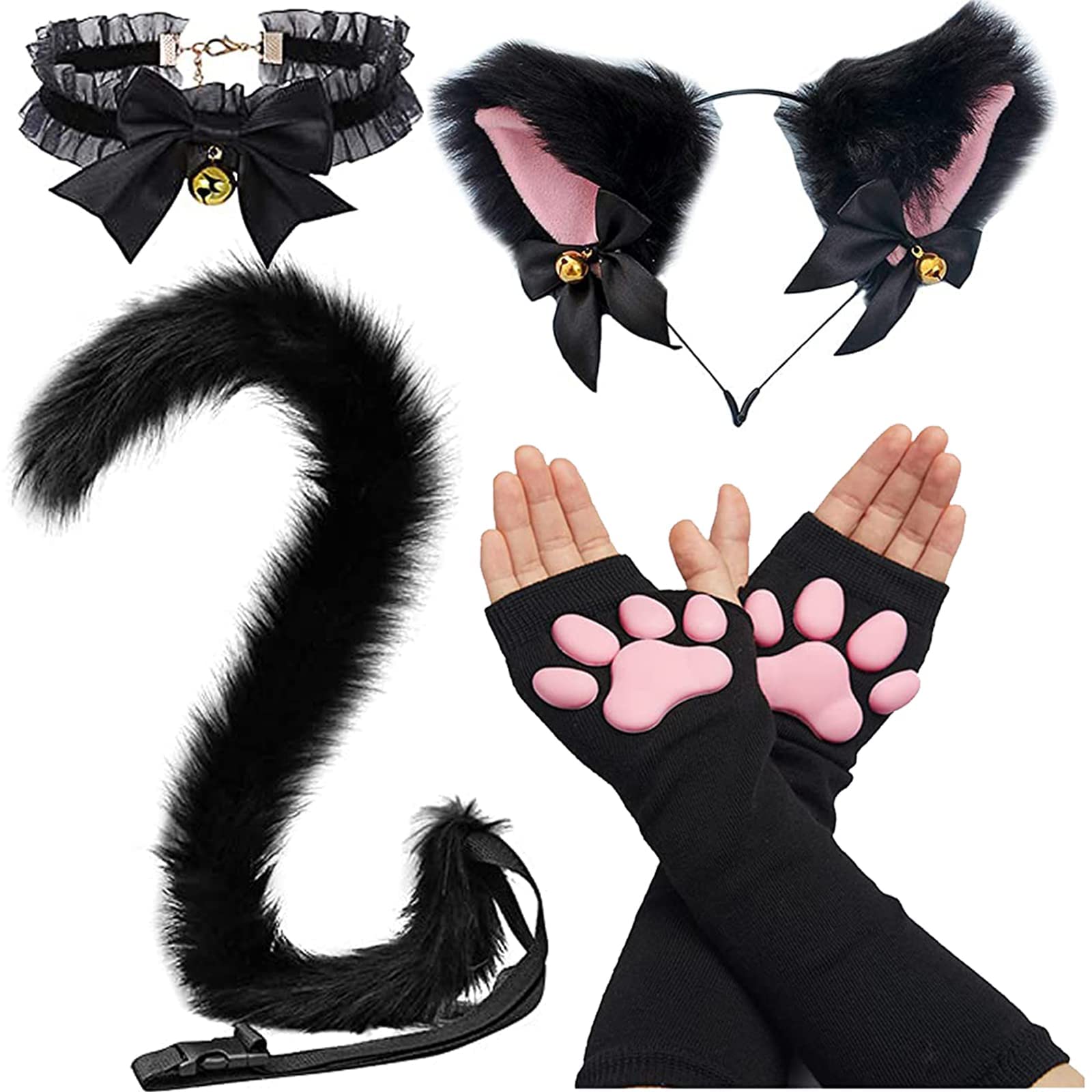 SIROLISA Cute Cat Paw Costume, Kawaii Soft 3D Toes Beans Fingerless Cat Claw Paws Cosplay Set for Women (Black 4Pcs Set)
