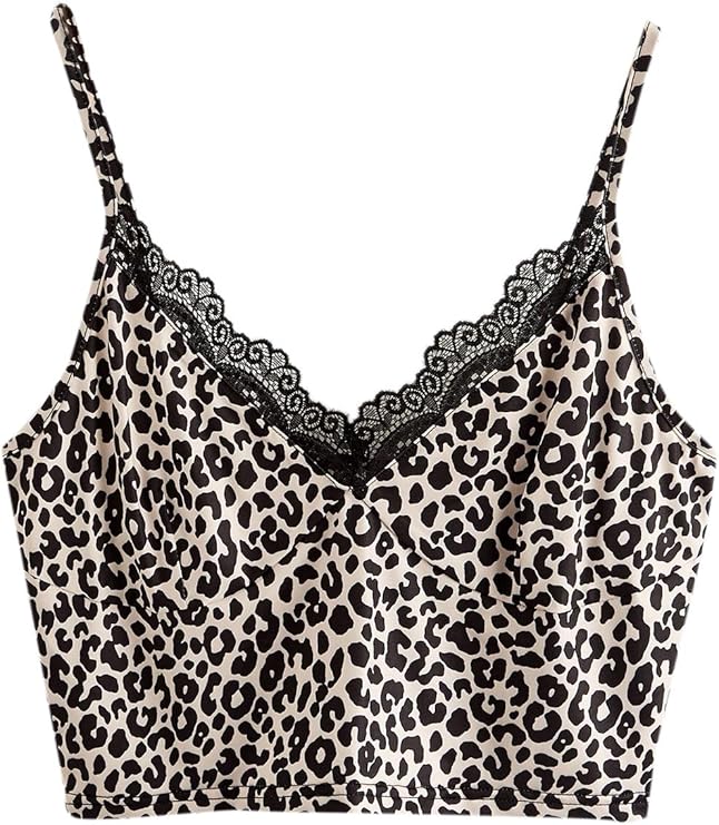 SheIn Women's Leopard Sleeveless Crop Cami Tops Lace Trim V Neck Strappy Camisole at Amazon 