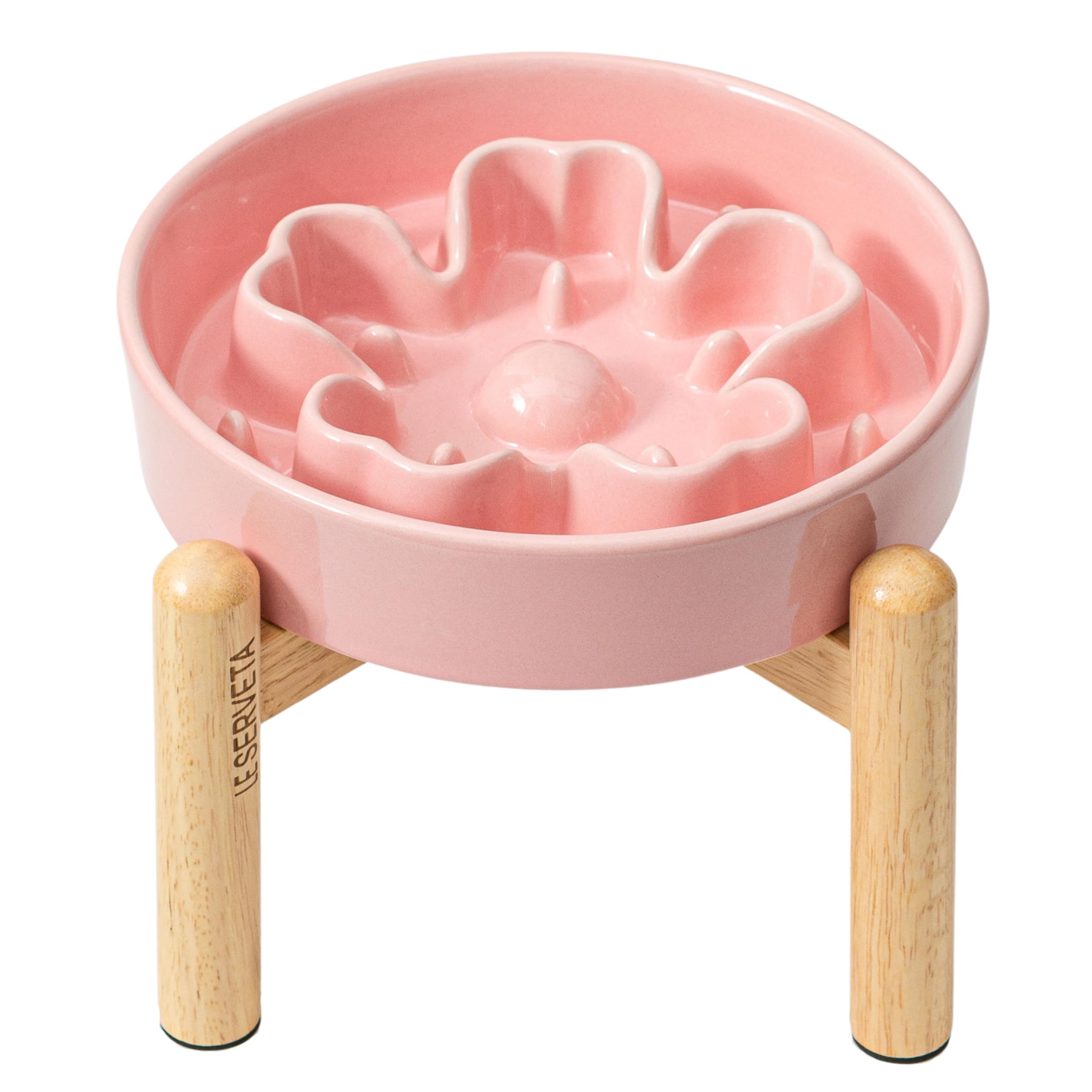 Photo 1 of LE SERVETA Ceramic Slow Feeder Dog Bowls, Raised, 3 Cups Elevated Slow Feeder with Wooden Stand for Medium Large Breed, Puzzle Dog Food Bowl, Flower (Pink)