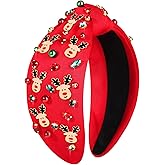 NVENF Christmas Headband for Women Jeweled Xmas Plaid Headband Embellished Crystal Pearl Knotted Headbands Wide Top Knot Holiday Hairband Christmas Hair Accessories Holiday Outfits Gifts (Reindeer 2)
