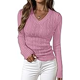 PRETTYGARDEN V Neck Cable Knit Sweaters for Women 2025 Long Sleeve Ribbed Fitted Pullover Tops Business Casual Fall Outfits