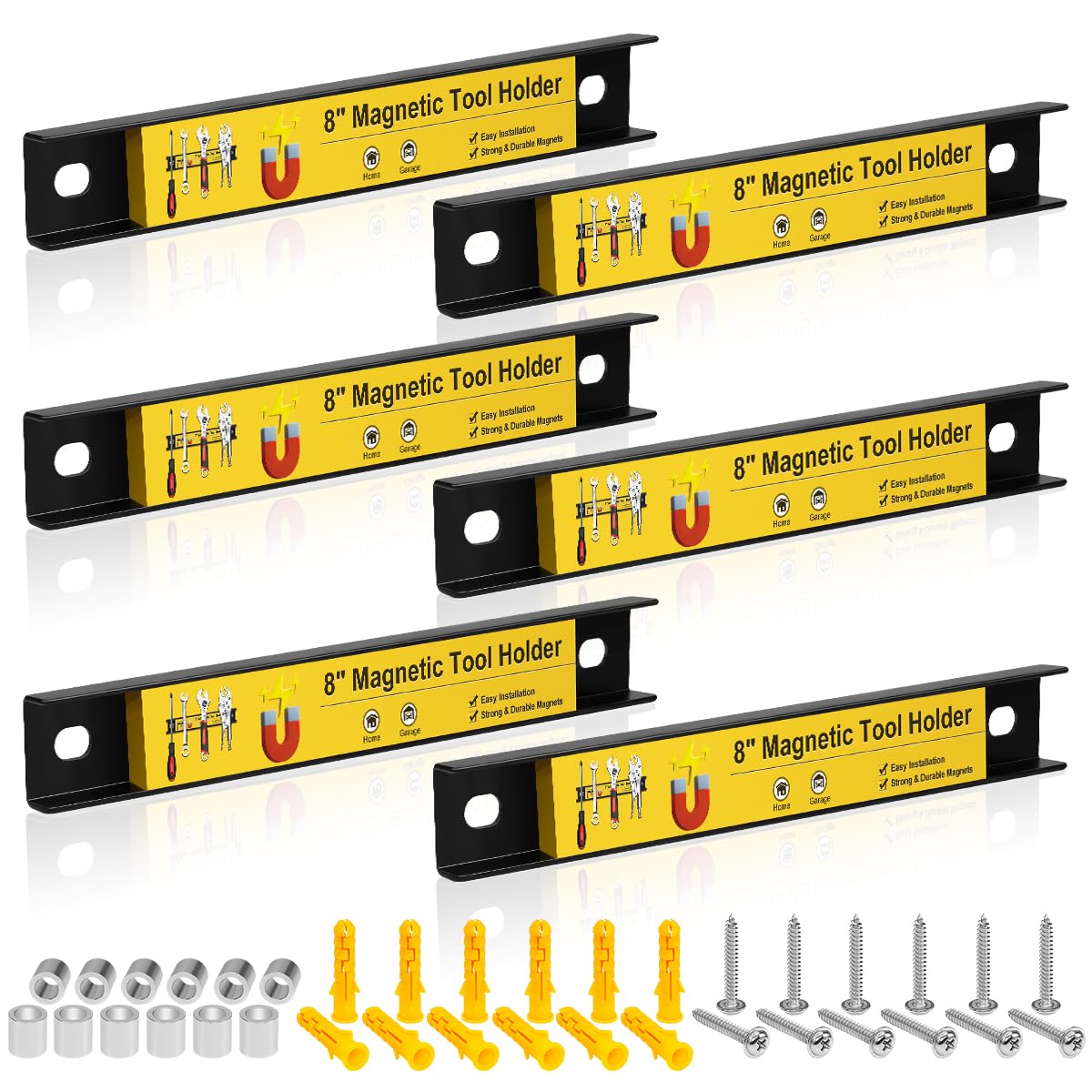 6 Pack 8 Inch Magnetic Tool Holder Strip, Heavy Duty Wall Mount Spanner Organizer Rack Magnet Tool Tray Storage Strip for Garage Workshop