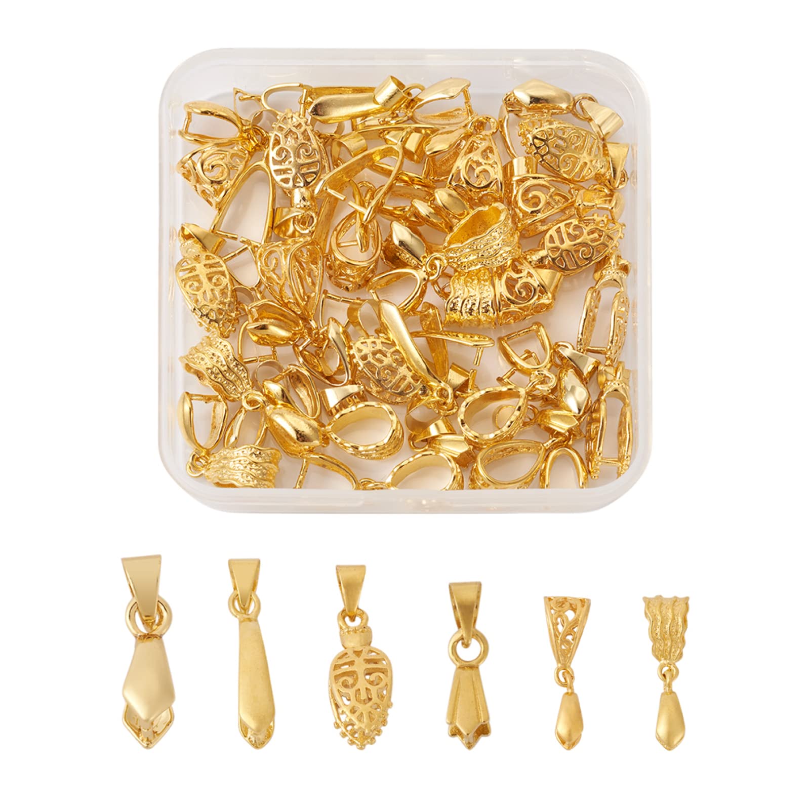 Craftdady 48Pcs Brass Ice Pick Pinch Bails Clasps Pendants Findings Golden Mixed Shaped Hollow Charms Connectors for Jewellery Making Dangle