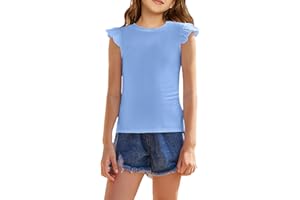 Flypigs Girls T Shirts Ruffle Sleeve Summer Casual Ribbed Knit Crewneck Tee Tops Blouses