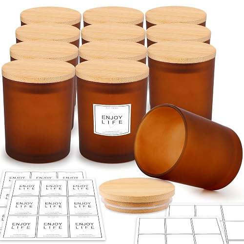 GOTIDEAL 12 Pack 9 OZ Frosted Amber Candle Jars with Bamboo Lids for ...