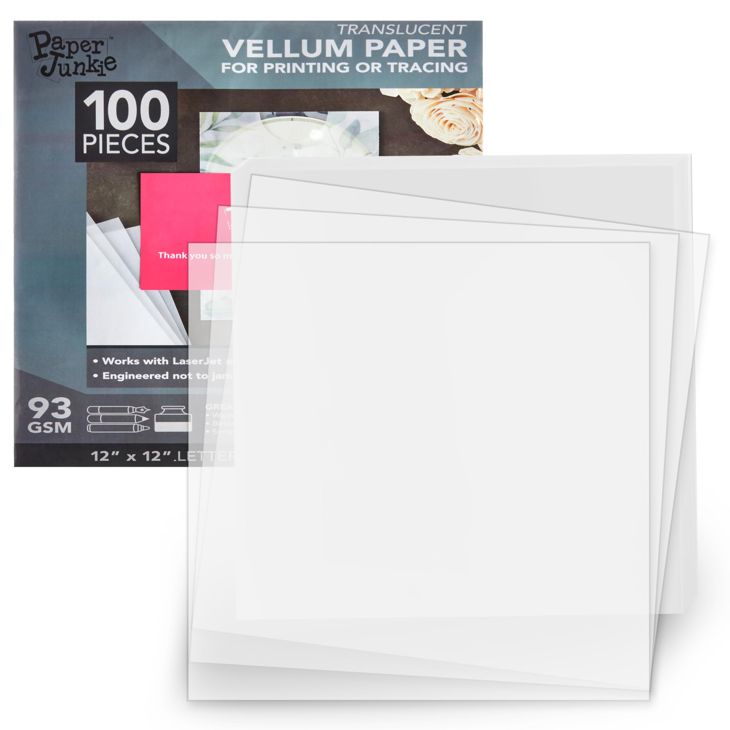 100 Sheets Translucent Vellum Paper for Invitations, Crafts, Tracing, 93 GSM (White, 30.5 x 30.5 cm)