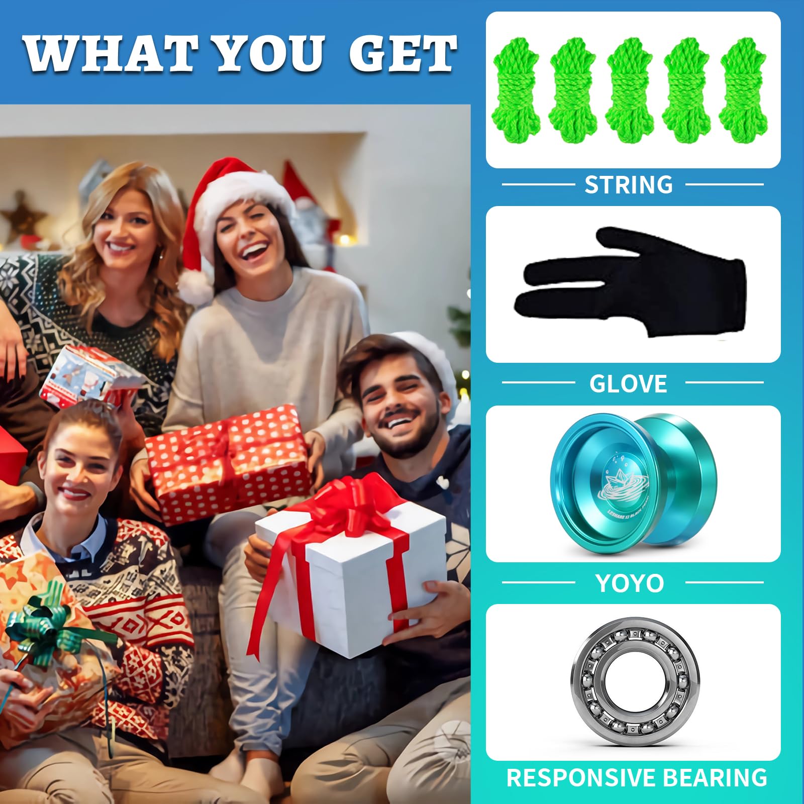 LESHARE Professional Unresponsive Yoyo for Pros and Responsive Yoyos for Beginners - Replaceable Unresponsive Bearings, Gloves, and 5 Cords Included (Blue Green)