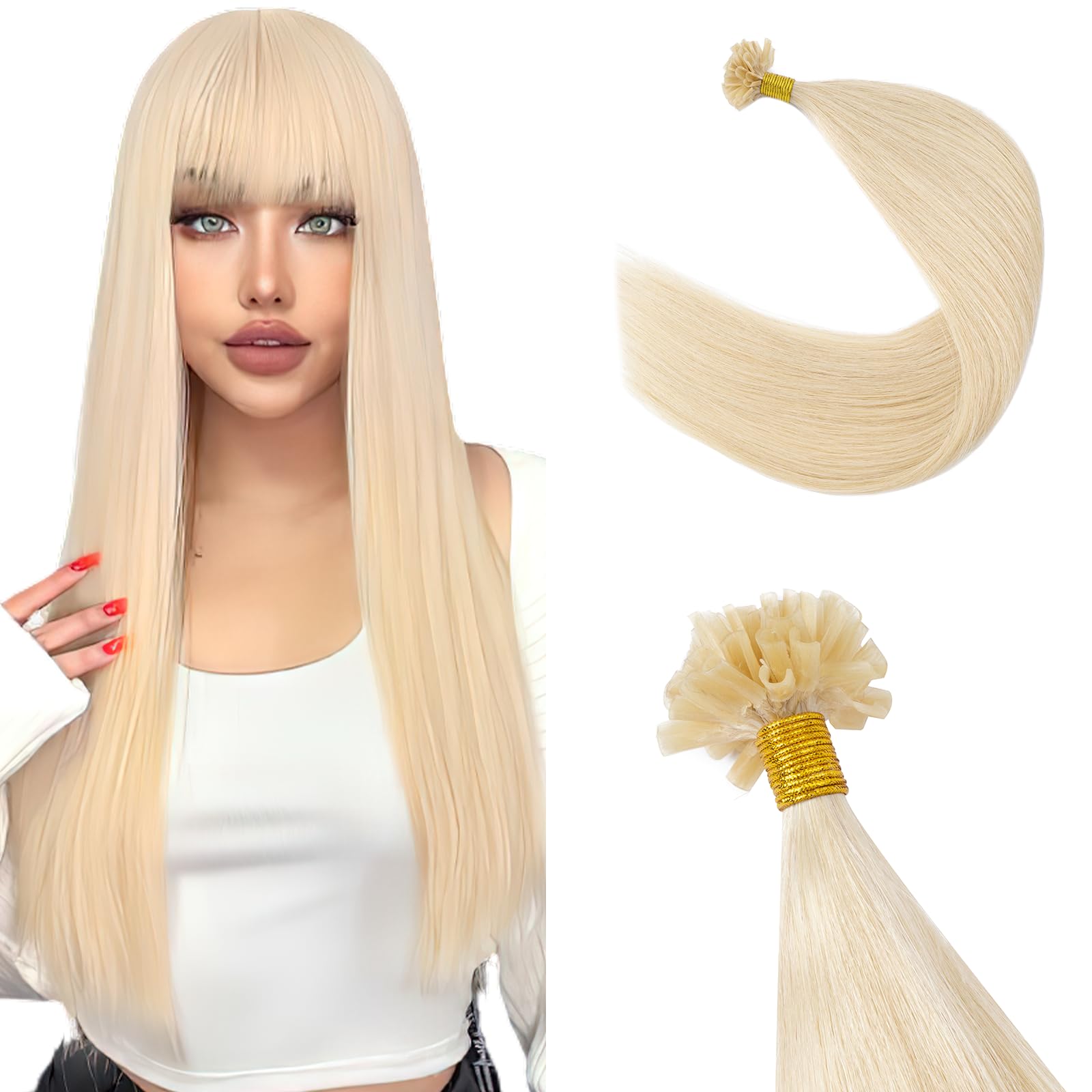 Silk-co U Tip Pre Bonded Hair Extensions Strands Keratin Nail Tip Straight Human Hair Extensions U tip Real Remy Hair 50 Strands Keratin Nail Til 18"-50g #60 Platinum Blonde — image 1