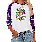 OCURHU Women Mardi Shirt 3/4 Sleeve Fat Tuesday Tshirt New Orleans Party Mask Graphic Outfits
