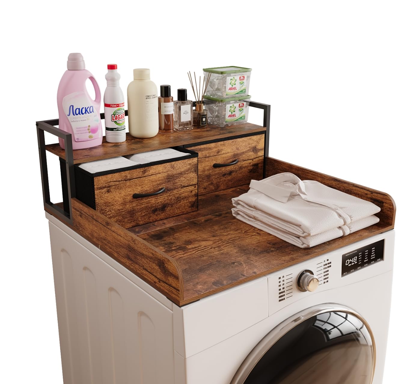 Photo 1 of ***MISSING PARTS*** Unionly 2-Tier Washer Dryer Countertop single with shelf and fabirc drawer,laundry topper with Edge and Non-Slip Pad for Washer Dryer Laundry Hamper Counter Storage Organization (rustic brown, single)