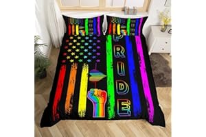 Manfei American Flag Bedding Set Twin Size,Rainbow Stripes Duvet Cover with 1 Pillowcase,Pride Theme Comforter Cover for Teens Boys Girls Adults Room Decor,Soft Black Watercolor Quilt Cover