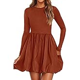 PRETTYGARDEN Fall Dresses for Women 2026 Casual Long Sleeve Bubble Cute Crew Neck A Line Mini Short Dress with Pockets