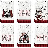 Artoid Mode Red Buffalo Plaid Xmas Trees Snowman Truck Merry Christmas Kitchen Towels Dish Towels, 18x26 Inch Farmhouse Decoration Hand Towels Set of 6