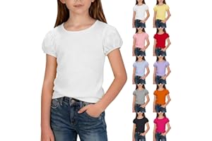 Girls Puff Sleeve Shirts Summer Cotton Tees Tops Toddler Kids Cute Soft Plain Breathable Comfort Basic Crewneck Shirt